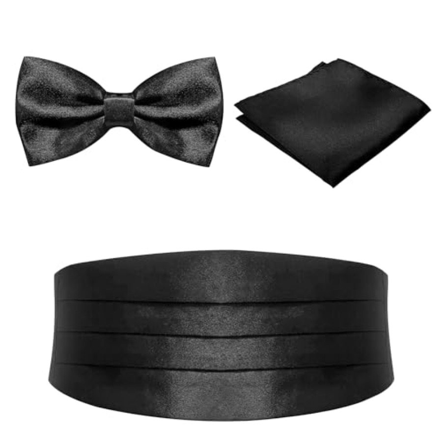 Bow Tie Pre Tied - Black Men's Adjustable Cummerbund Satin Sheen