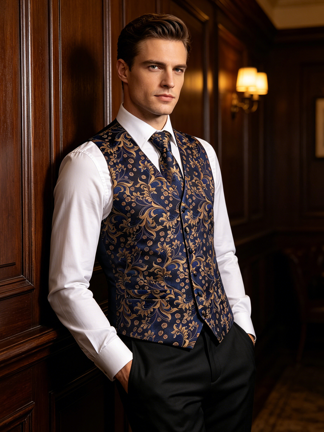 Navy Gold Scroll Jacquard V-Ne - Pocket Square Set recensie en prijs