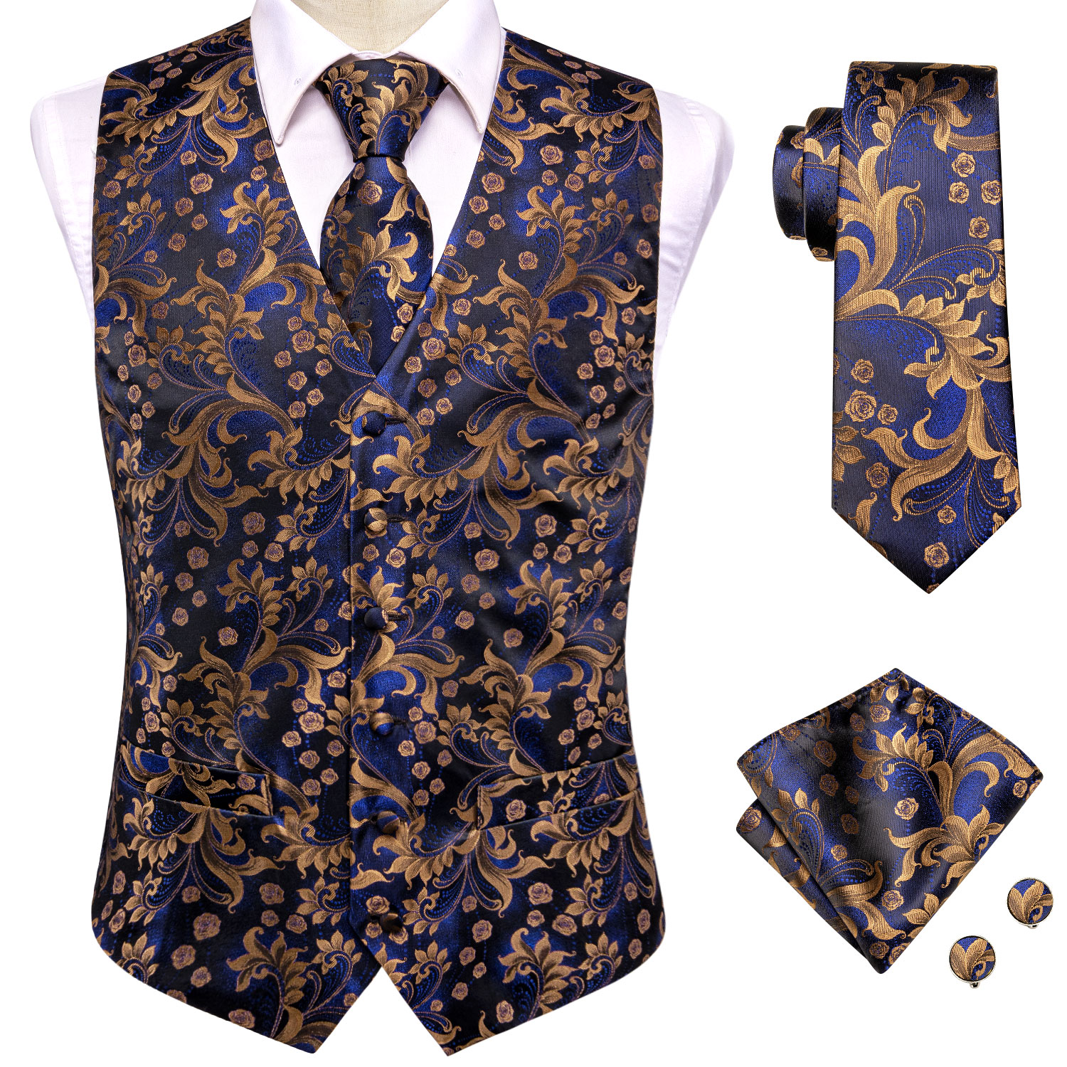 Navy Gold Scroll Jacquard V-Ne - Pocket Square Set recensie en prijs