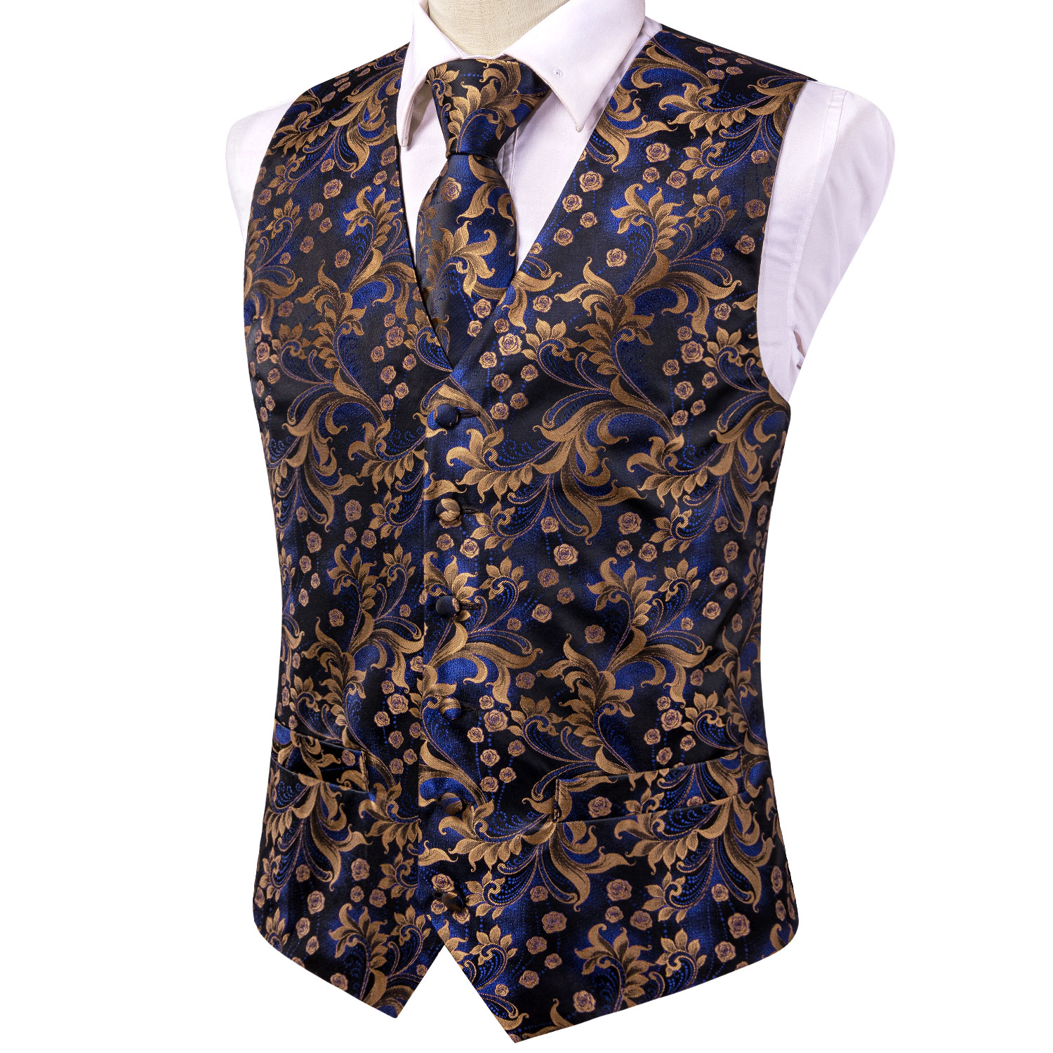 Navy Gold Scroll Jacquard V-Ne - Pocket Square Set recensie en prijs