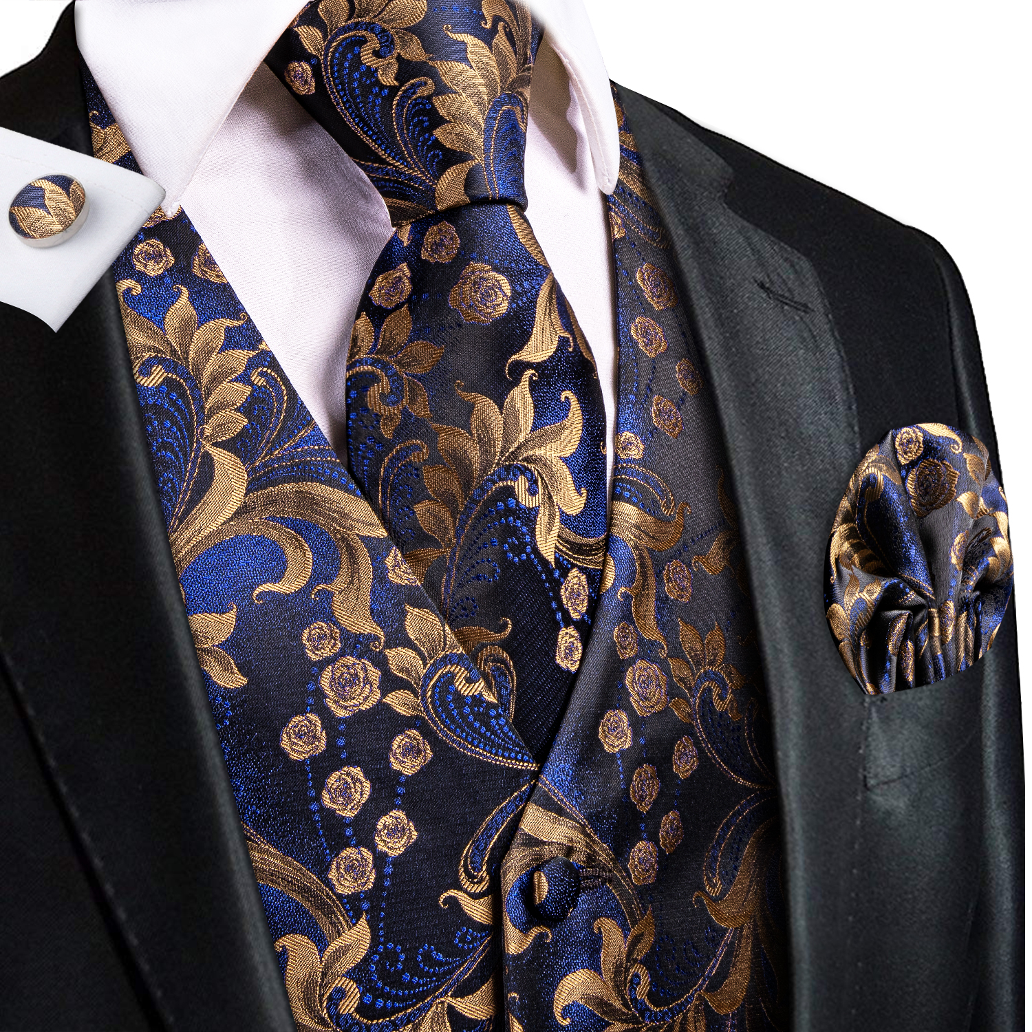 Navy Gold Scroll Jacquard V-Ne - Pocket Square Set recensie en prijs