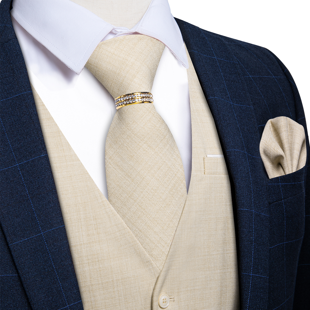 Beige Linen Textured V-Neck Ve - Pocket Square Set recensie en prijs