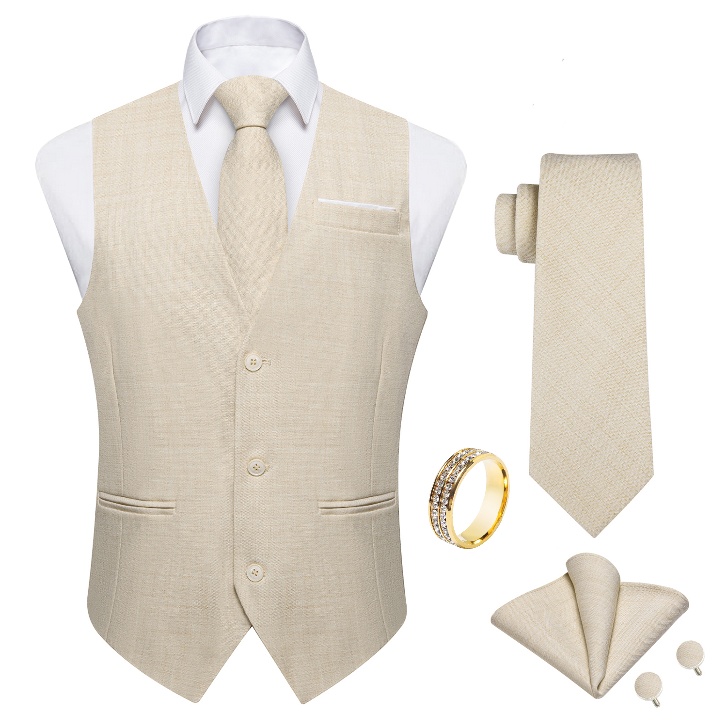 Beige Linen Textured V-Neck Ve - Pocket Square Set recensie en prijs