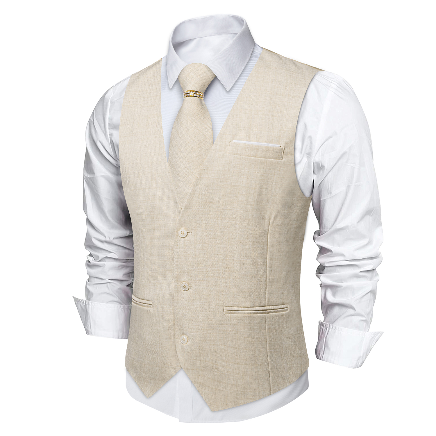 Beige Linen Textured V-Neck Ve - Pocket Square Set recensie en prijs